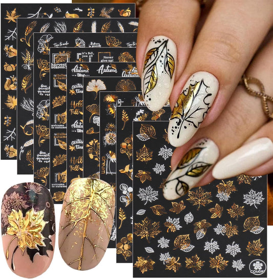 9 Sheets Bronzing Fall Nail Art Stickers 3D Self-Adhesive Metallic Maple Leaf Nail Stickers