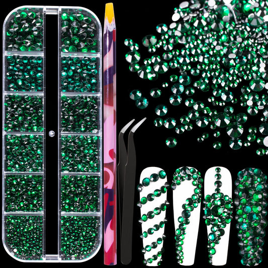 6 Sizes Green Glass Crystal Kit with Pickup Pen + Tweezer Tools for Shine Nail Art Manicure Makeup