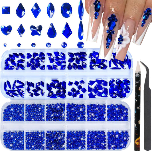 Nail Rhinestones - 3D Multi Shape Size, Flat Back, Crystals Manicure Rhinestones Charms, Blue Nail