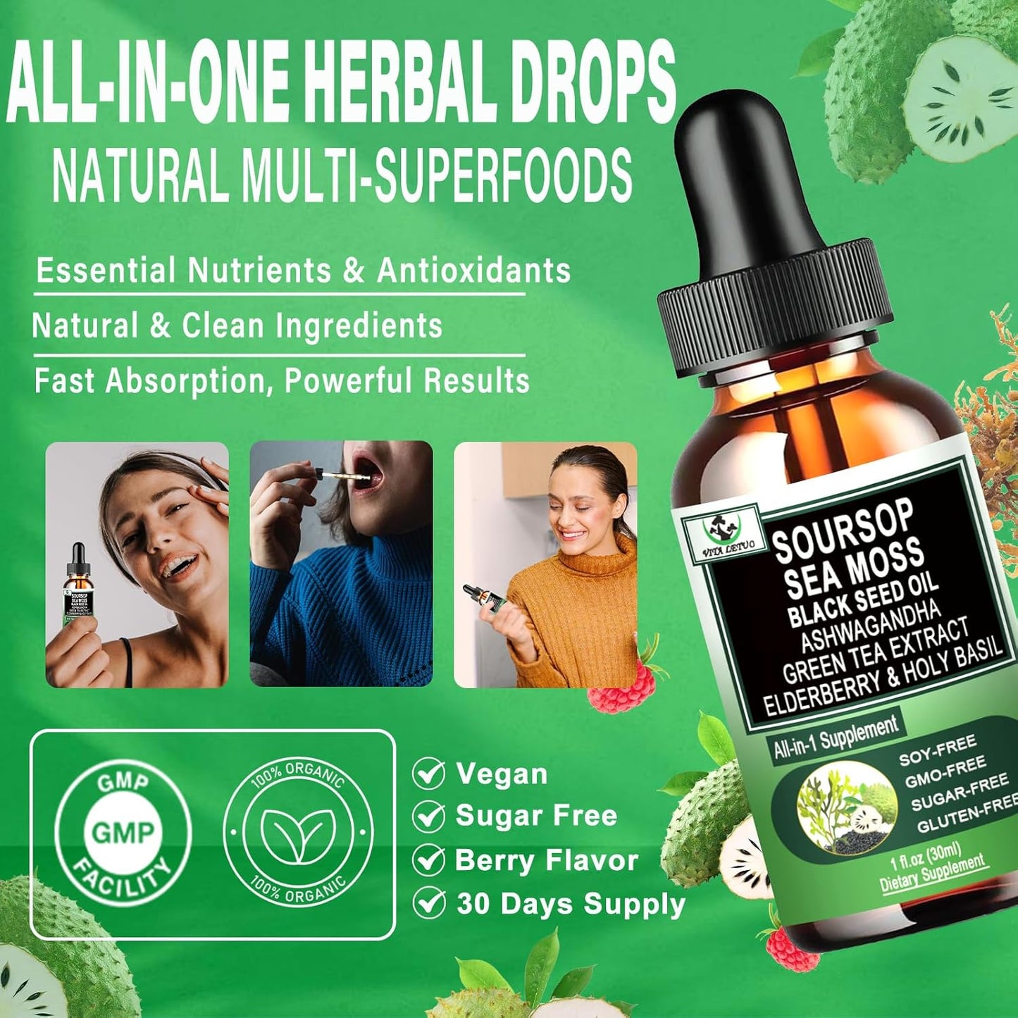 Soursop Drops,Soursop Bitters Liquid with Sea Moss Black Seed Oil Green Tea Extract Ashwagandha Elderberry Holy Basil-Multimineral&Vitamins Superfood Drops for Immune&Digestive & Cell Support