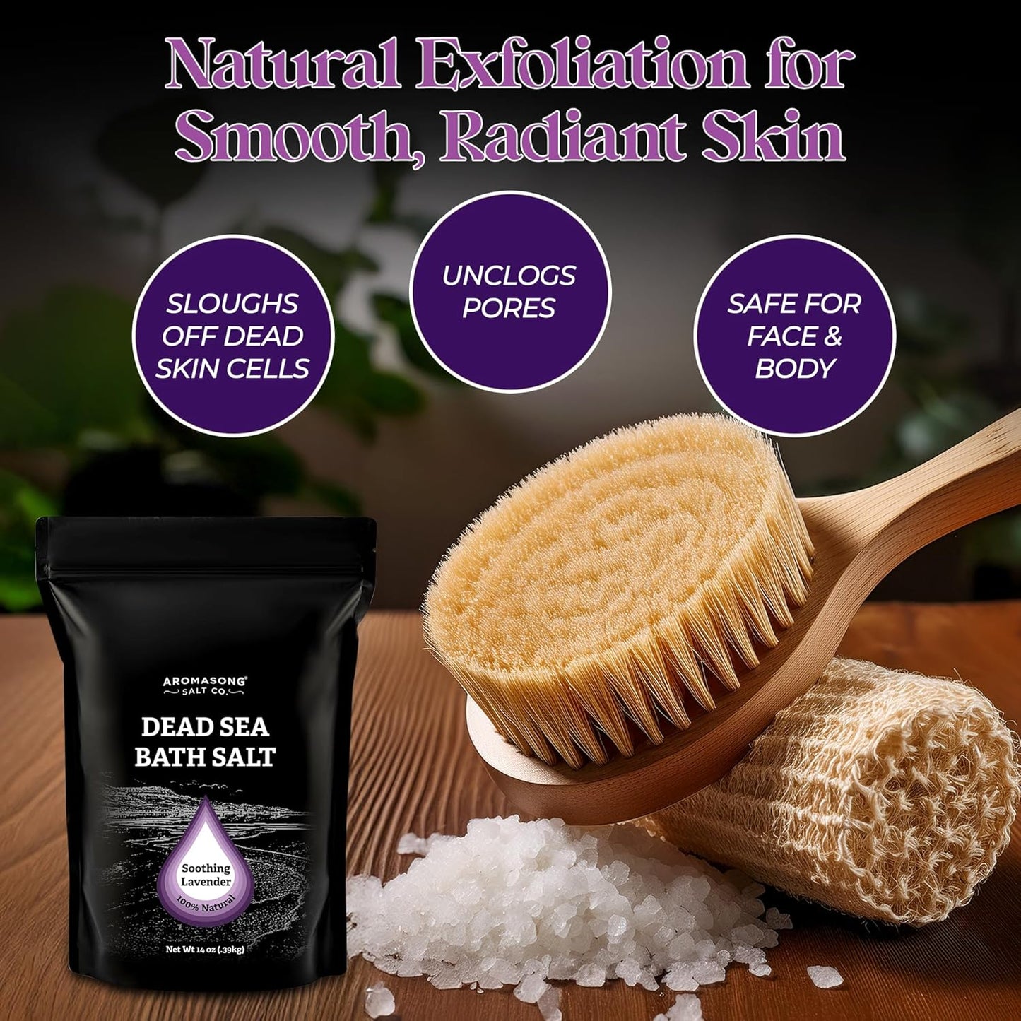 Aromasong Pure Dead Sea Salt for Soaking with 100% Natural Lavender, 14 Oz. - Spa Bath Salt Fine Grain - Body Wash Scrub - Soak for Women & Men- Resealable Pack