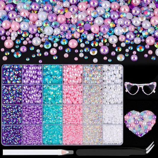 9000Pcs Flatback Pearls and Rhinestones for Crafting, Pink Purple White Mixed Size 3-8mm Resin