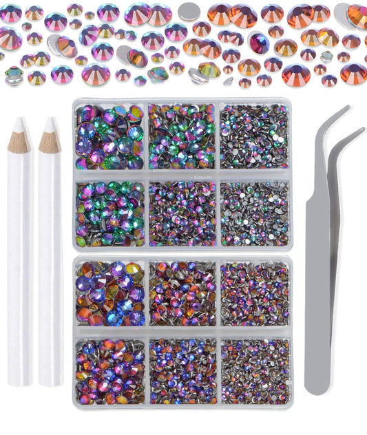 LPBeads 6000 Pieces Blue Volcano and Green Volcano Non Hotfix Rhinestones 6 Sizes Round Crystal