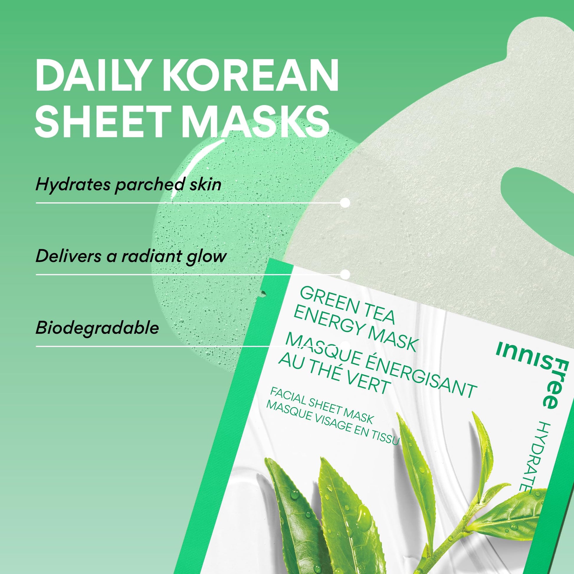 innisfree Green Tea Energy Mask | Korean Sheet Mask with Hydrating Serum for Soothing, Brightening