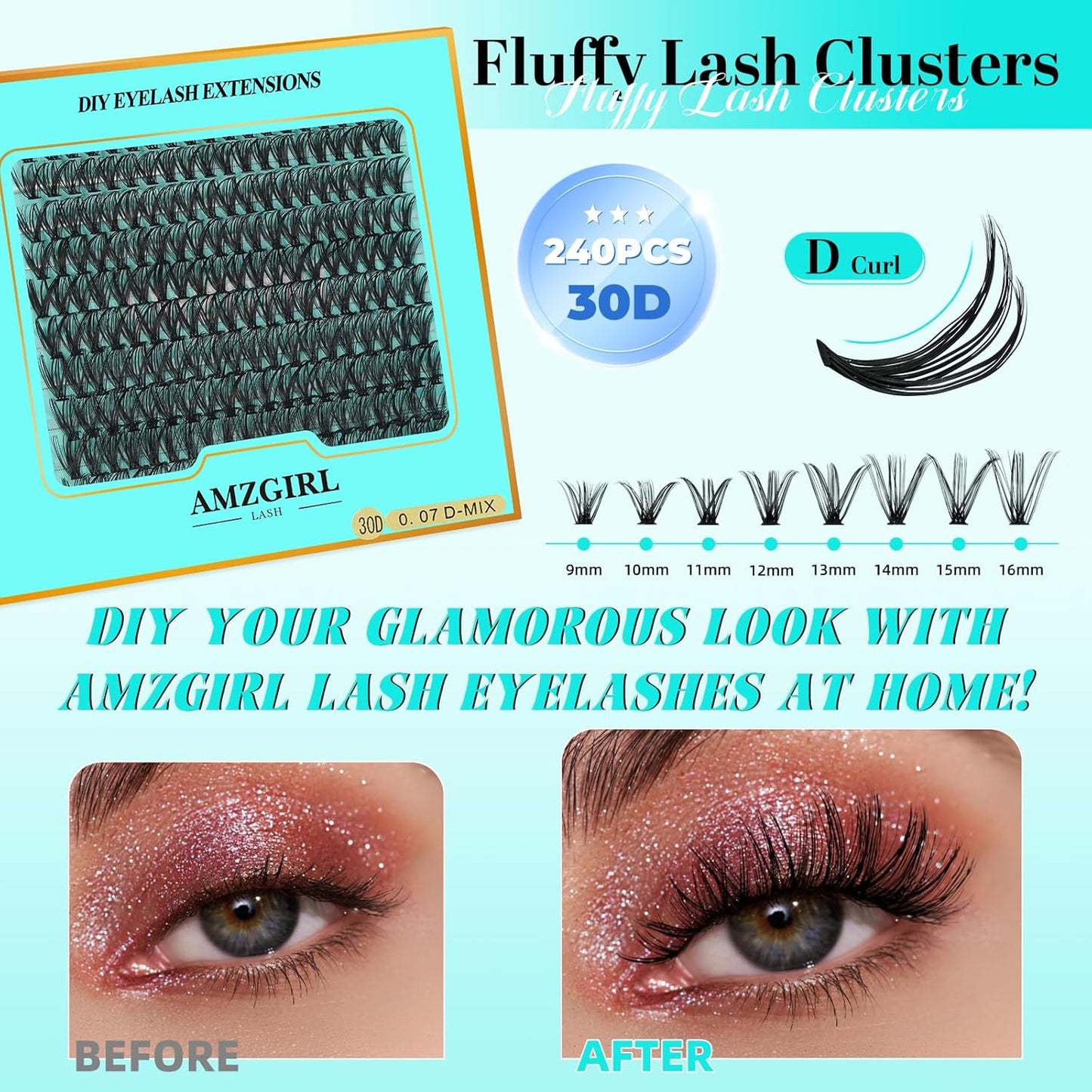 Lash Clusters 240pcs Eyelashes Cluster Individual Wispy Lashes Thin Band for D Curl Lash Extension Eyelashes for Beginners at Home,False Eyelashes Soft Eyelash Clusters(30D,D-Mix9-16mm)
