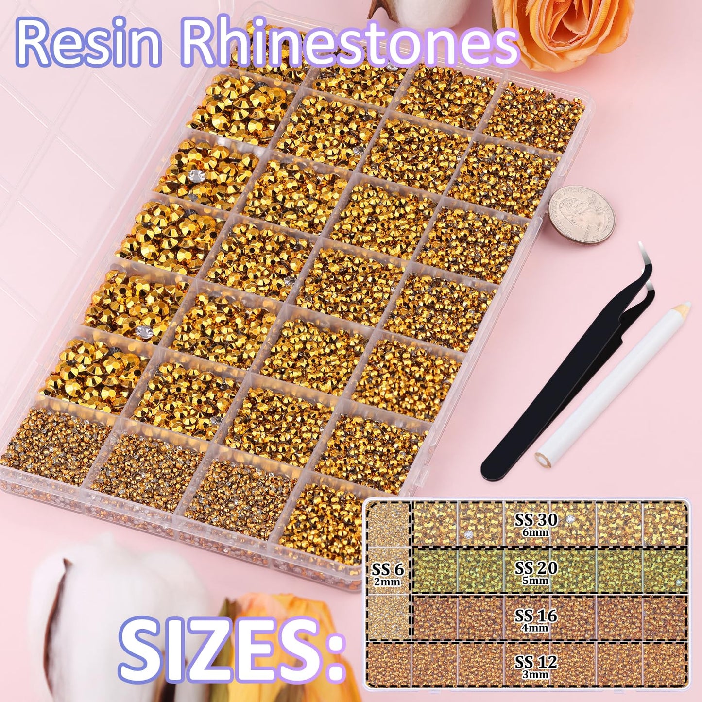 30000Pcs Resin Rhinestones for Bedazzling with Tweezers, Mine Gold Rhinestones for Crafting with B7000 Jewelry Glue for DIY Crafts Clothing Tumblers Shoes Fabric Nail Art
