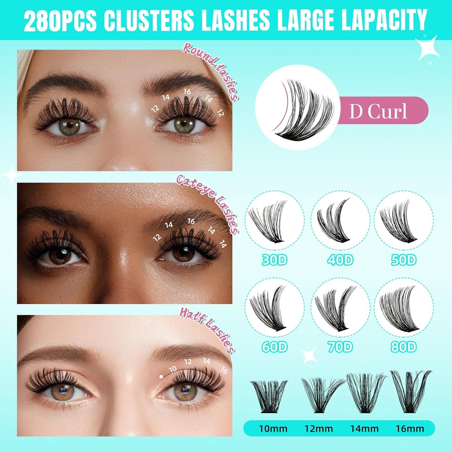 Lash Clusters Wispy 280PCS Eyelash Extension 70D Cluster Lashes Individual Lashes DIY Lash Extension Natural Look Cluster Eyelash Extensions Soft False Eyelashes at Home for Beginners(10mm)