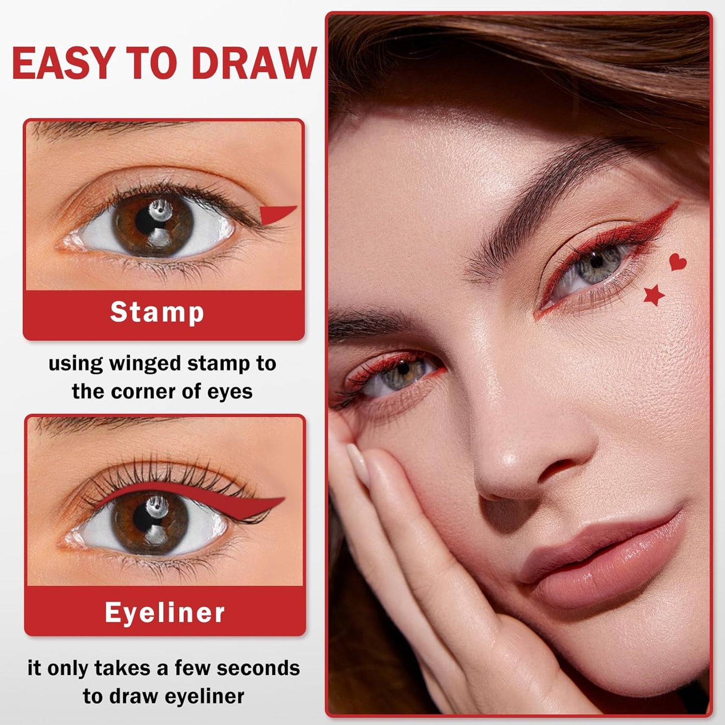 2PCS Double-headed Eyeliner Stamp Pencil Black and Red Liquid Winged Eyeliner Stamp Pen Waterproof Smudgeproof Eye Liner Stamp for Eye Makeup(Heart)
