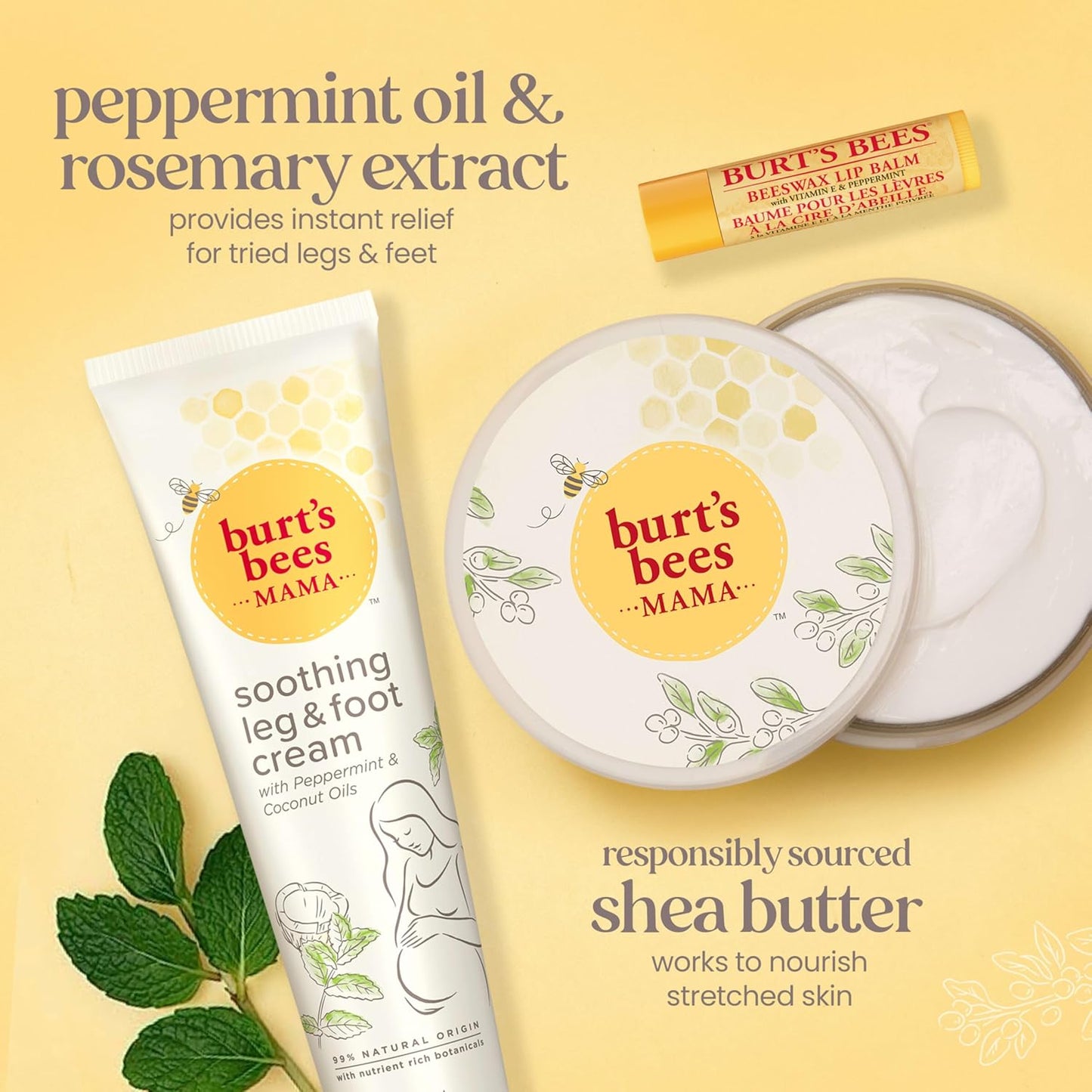 Burt's Bees Pregnancy Essentials Gifts Set, 3 Giftable Baby Shower Products & Must Have Baby Registry Items, Nourishing Skincare - Mama Belly Butter, Original Lip Balm, Leg & Foot Cream