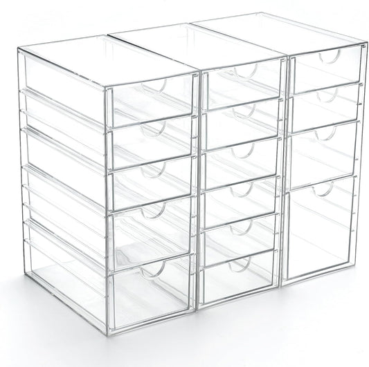 Prsildan Acrylic Drawer Organizer with 15 Drawers, Makeup Craft Office Desk Organizers Accessories, Set of 3 Clear Stackable Storage Drawers for Vanity, Countertop, Jewelry, Art Supply Organization