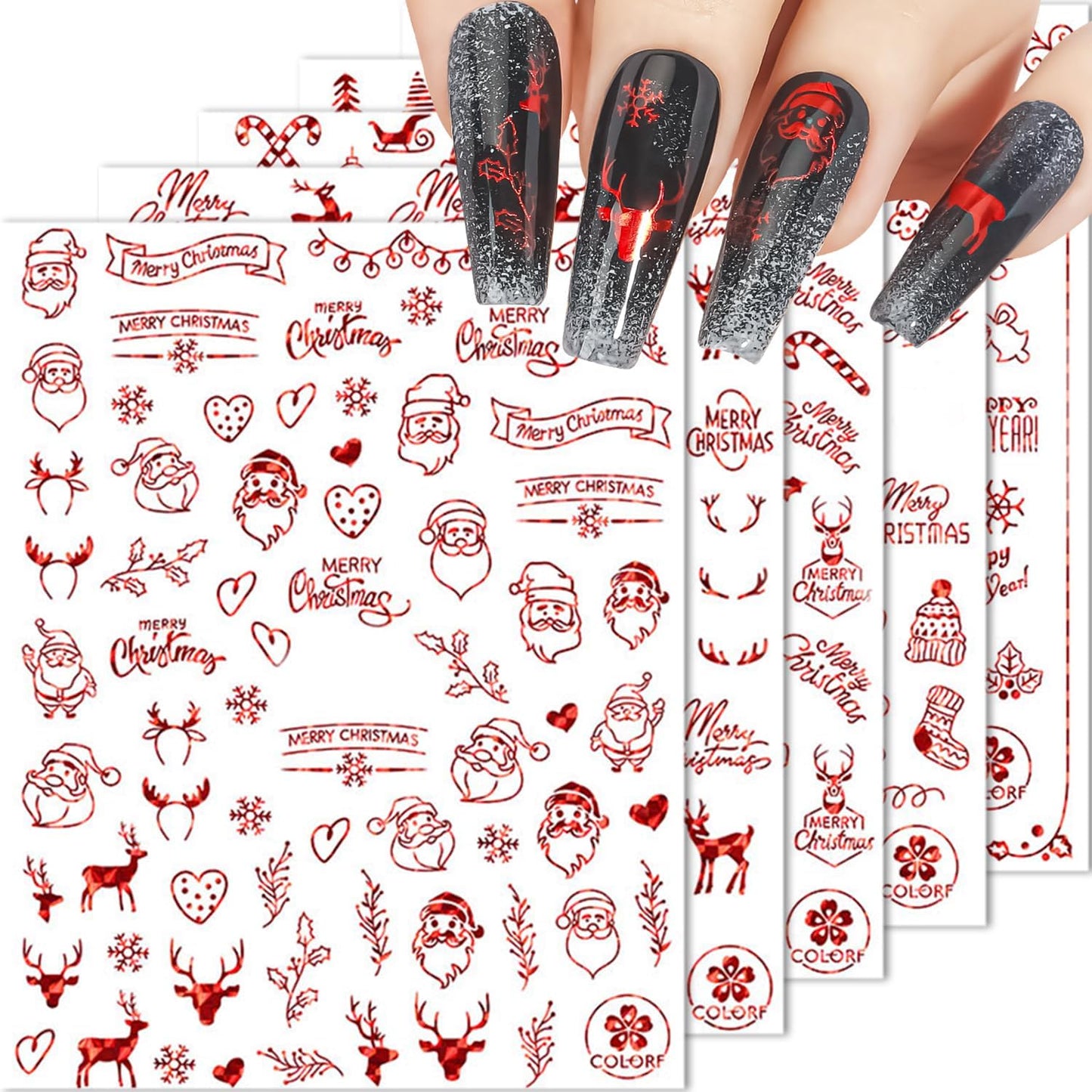 HNUIX Nail Stickers - 3D Christmas, Self Adhesive Nail Decals, Multi Pattern, Red, 9 Sheets, for Nail Art