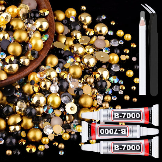 80g Flatback Pearls and Rhinestones for Crafting, Golden Black 3-10mm Resin Rhinestones and Half