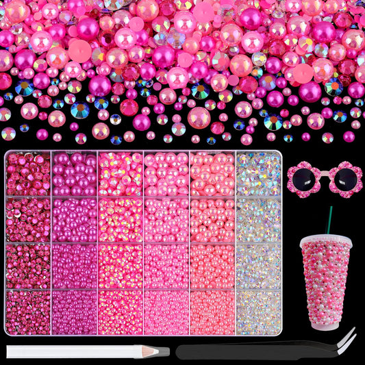 9000Pcs Flatback Pearls and Rhinestones for Crafting, Hot Pink Light Pink Mixed Size 3-8mm Resin