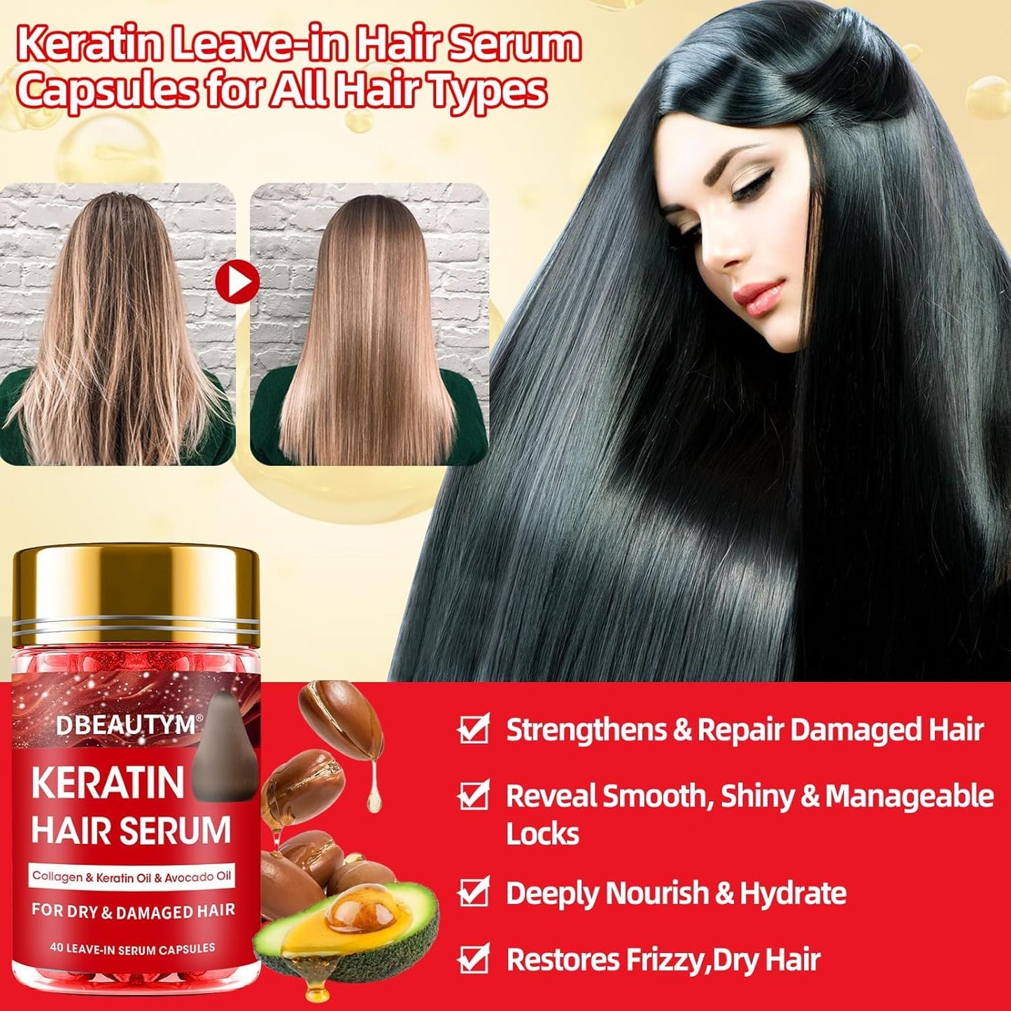Batana Oil for Hair Growth & Keratin Hair Treatment Serum,Batana Hair Mask for Damaged Hair and Growth,40 Capsules Leave-in Hair Oil Anti Frizz Hair Conditioner Serum