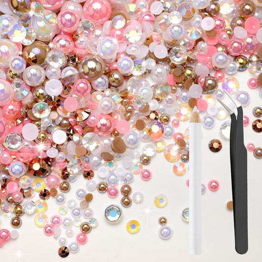 80g Mix Flatback Pearls and Rhinestones for Crafts Pink Brown Mixed Size 2mm-10mm Half Round Pearls