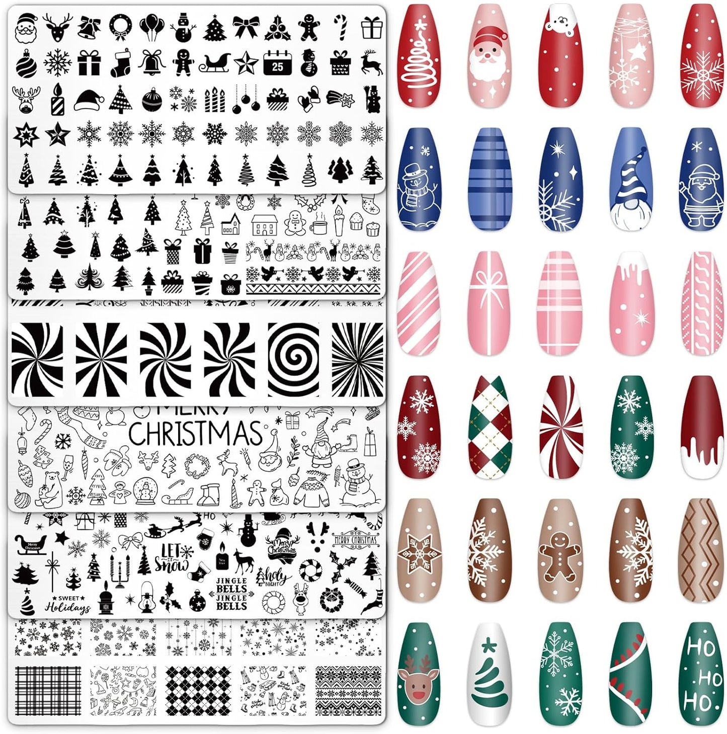 Whaline 6Pcs Christmas Nail Plates Stamping Set Xmas Tree Snowflake Snowman Stamp Templates Nail Art Plates for Winter DIY Print Manicure Salon Design Gift