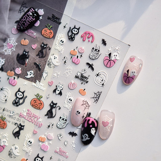 5D Embossed Halloween Nail Stickers Cute Cat Ghost Nail Art Stickers for Nail Designs Self Adhesive