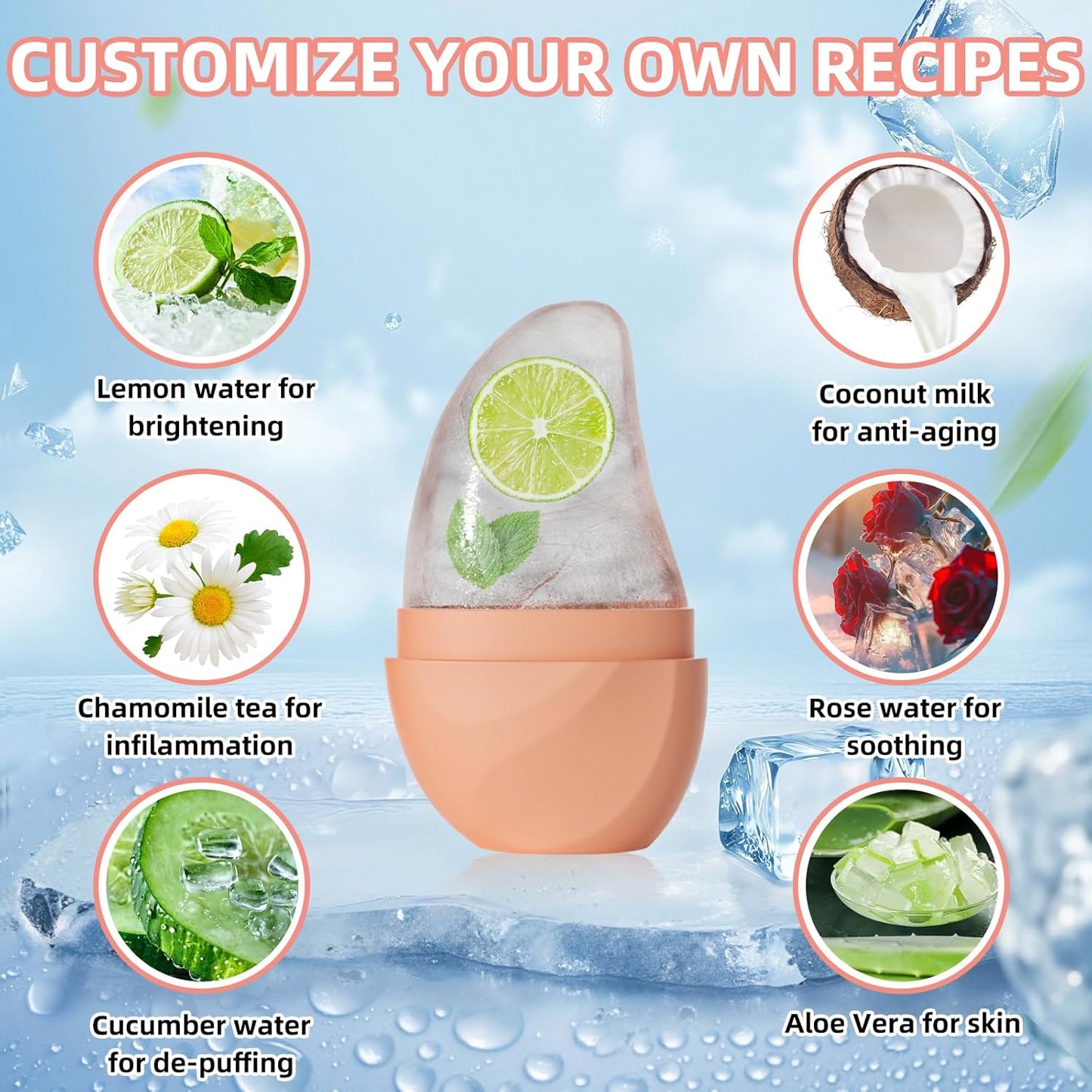 Silicone Facial Ice Cube Roller Massager, Facial Beauty Care Tool, Reusable Face Ice Mold - Brighten Skin, Reduce Puffiness (Rose Red)