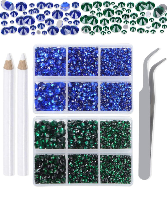 LPBeads 6000 Pieces Emerald and Sapphire Non Hotfix Rhinestones 6 Sizes Round Crystal Glass Flat
