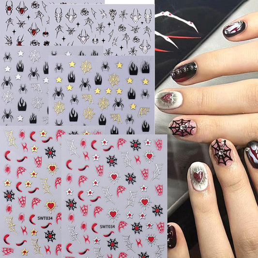 6 Sheets Halloween Nail Stickers Gold Silver Nail Decals for Nail Art Glitter Spider Nail Decals