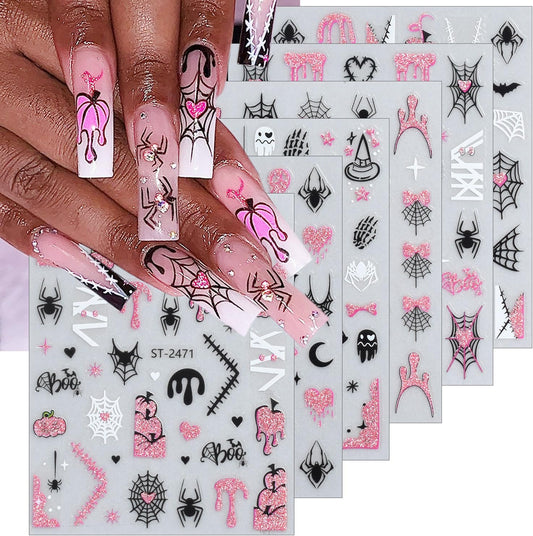 6 Sheets Halloween Nail Art Stickers Decals Pink Glitter Pumpkin Heart Bow Spider Nail Decals 3D