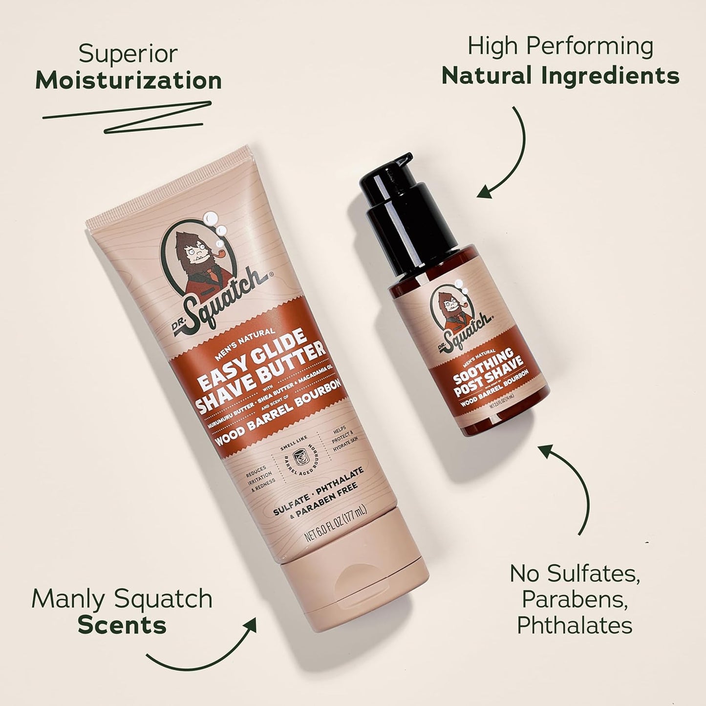 Dr. Squatch Wood Barrel Bourbon Smooth Shave Bundle - Easy Glide Butter + Soothing Post Shave - Natural Ingredients - Manly Fragrance - Moisturizing