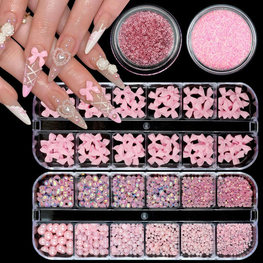 Nail Art Rhinestones Pink Bows Nail Charms Resin Clear Jelly Rhinestones Pearls Glitter Supplies