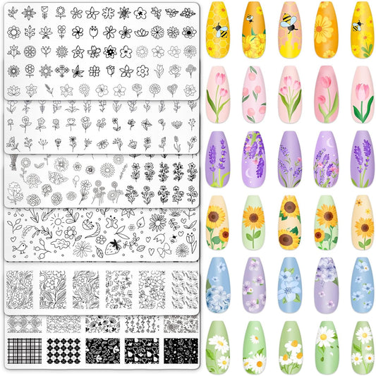Whaline 6Pcs Spring Summer Floral Nail Plates Stamping Set Flower Leaves Stamp Templates Nail Art Plates for DIY Print Manicure Salon Design