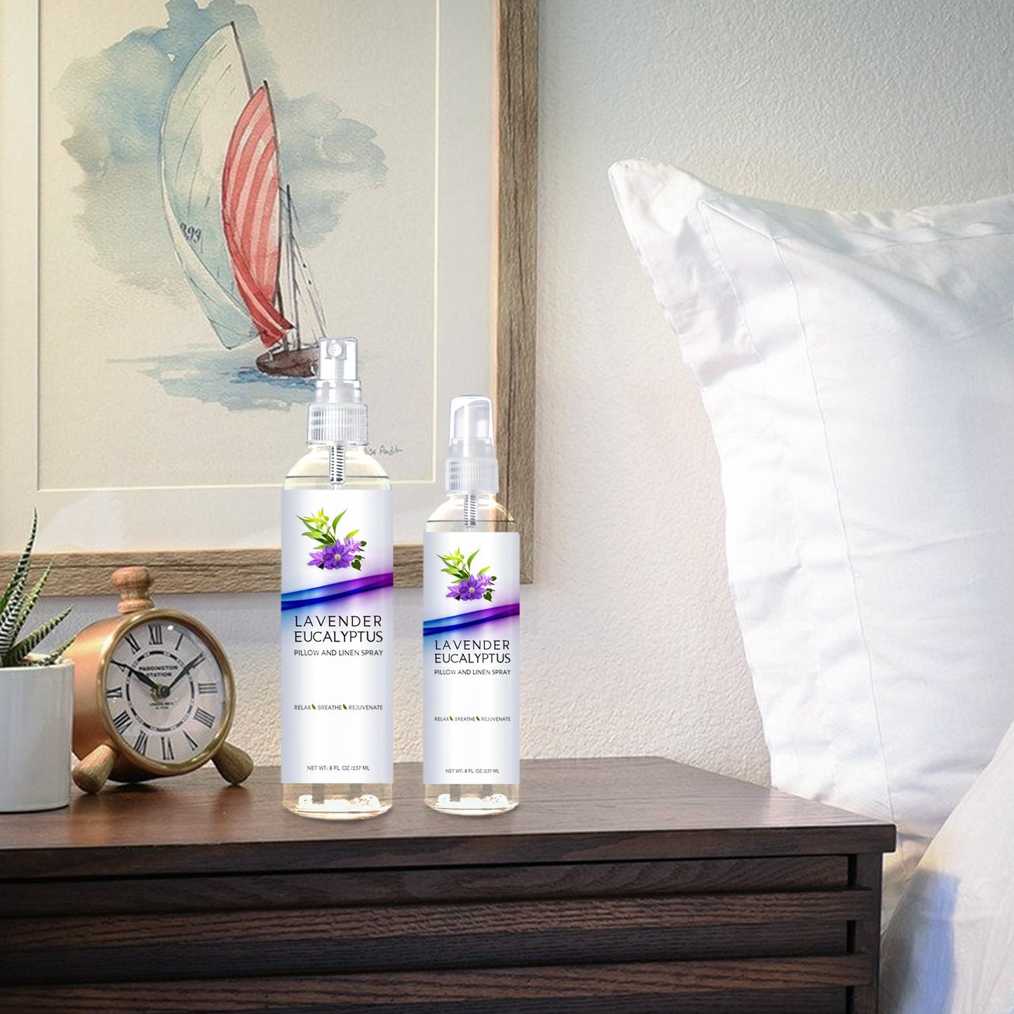 Two Pack Lavender Eucalyptus Pillow and Linen Spray, Best Set for Travel and Home, Strong Essential Oil Mist for Relaxing the Body and Mind (Lavender Eucalyptus, 4oz/8oz)