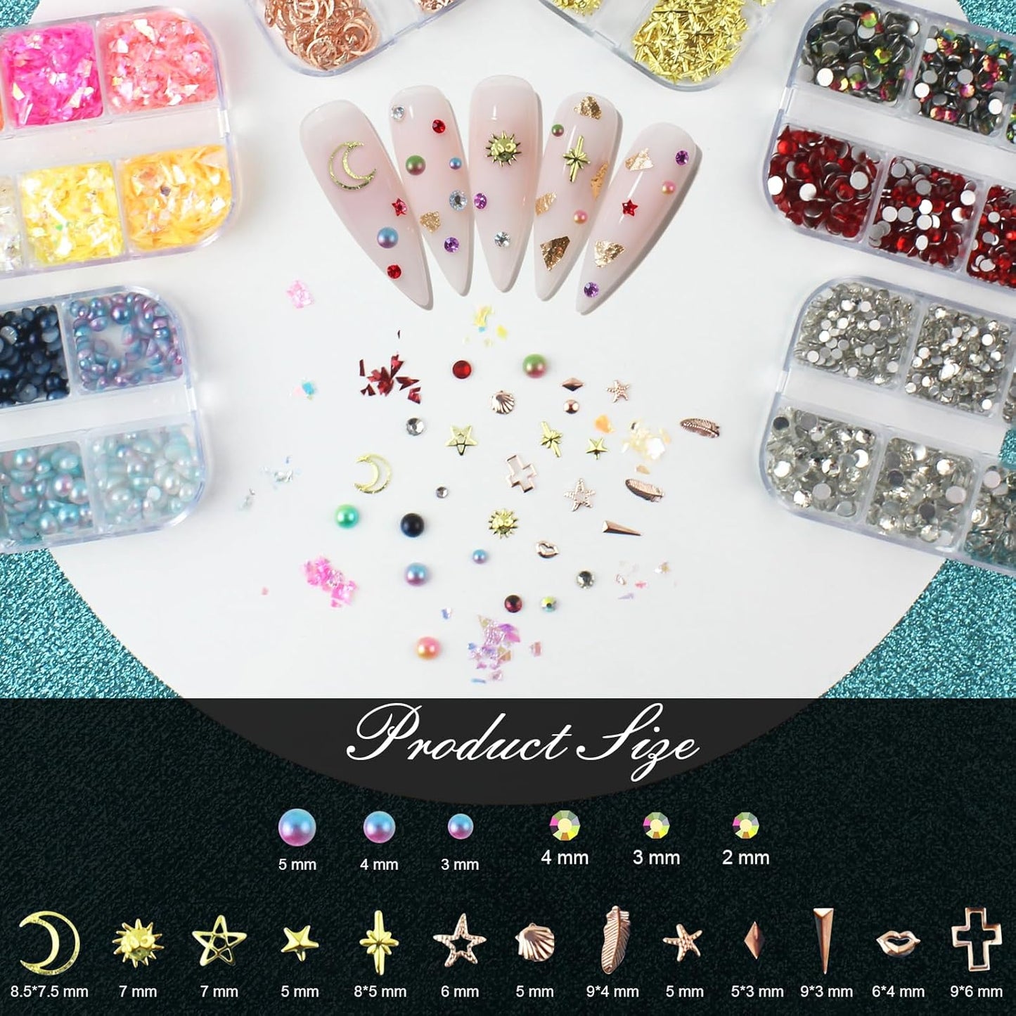 Artdone Nail Art Studs Kit, 6 boxes Multicolor And Design 3D Charms With 15 Sheets Gold Nail Stickers, Diamond Cute Nail Jewels For DIY Decoration with Pickup Tools
