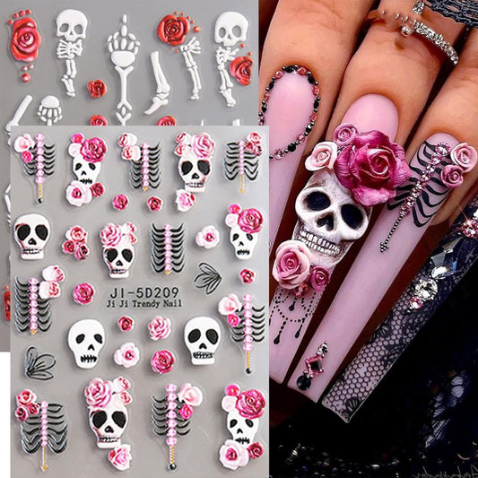 Spooky Nail Stickers Halloween Nail Decals Skull Rose Skeleton Hand Design 5D Embossed Holiday