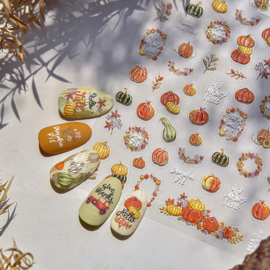 Fall Nail Art Stickers 5D Embossed Autumn Nail Art Decals Pumpkin Nail Stickers 3D Self-Adhesive