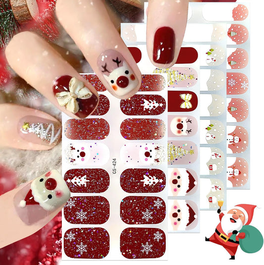 4 Sheets Christmas Gel Nail Stickers Snowflakes Gel Nail Polish Strips Xmas Elk Glitter