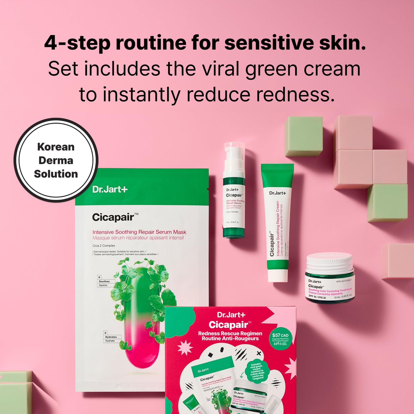 Dr.Jart+ Cicapair Redness Rescue Regimen Korean Skin Care Set with Centella Asiatica | 4 Piece