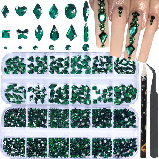 Nail Rhinestones - 3D Multi Shape Size, Flat Back, Crystals Manicure Rhinestones Charms, Green Nail