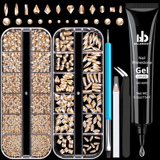 Rhinestones for Nails, Manicure Kit with Rhinestone Glue Gel, Multi Shapes Champagne Glass 3D Nail