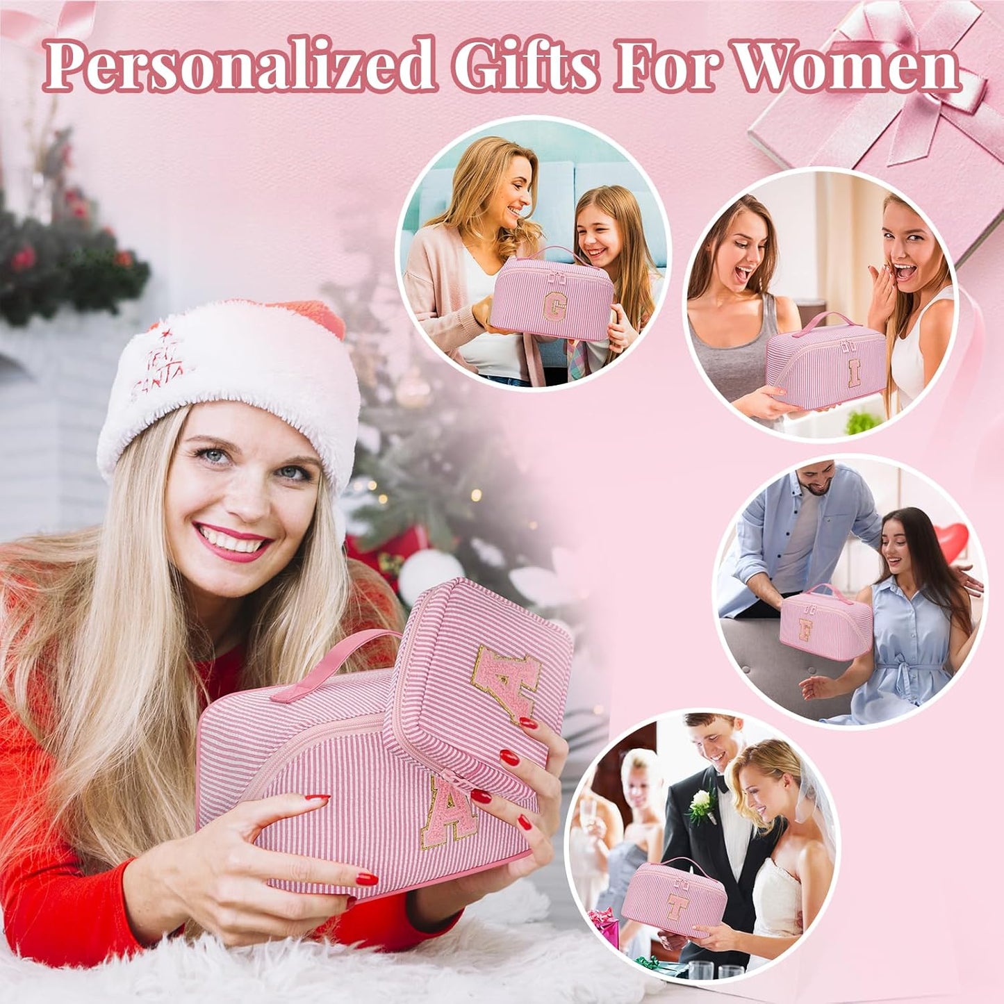 Travel Makeup Bag for Women, 2Pcs Portable Personalized Initial Makeup Organizer Bag, Open Flat Large Cosmetic Bag With Travel Essential Pouch (Pink Letter X)