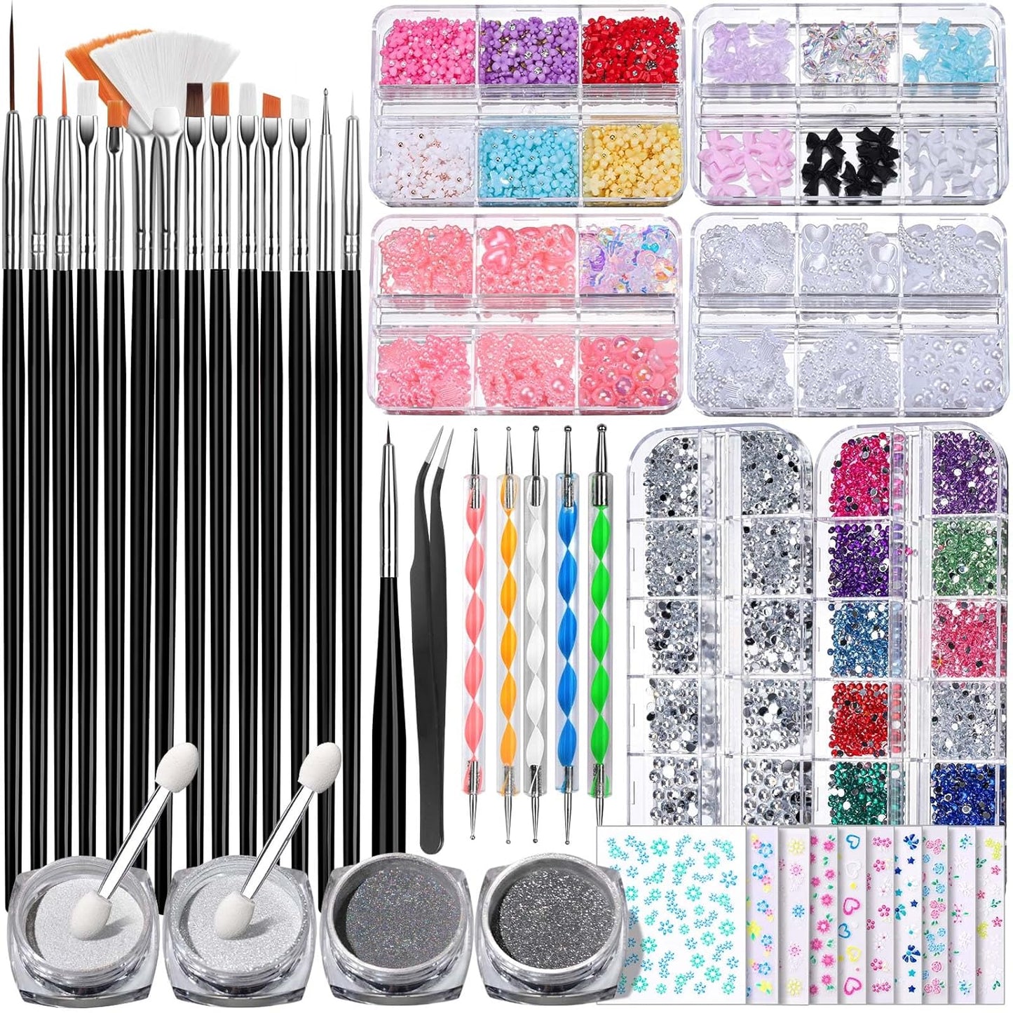 FANDAMEI Nail Art Brushes Set, Nail Art Kits, 3D Nail Charms Nail Design Tools Kit, Nail Set for Beginners ,Nail Dotting Tool, Nail Rhinestones,Chrome Nail Powder,Nail Stickers Nail Art Decoration Kit