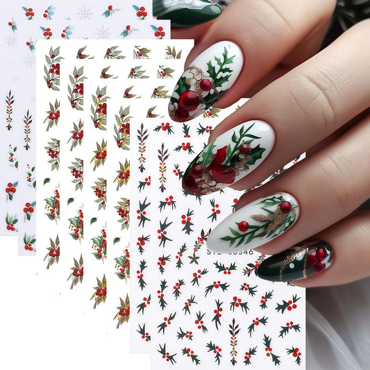 8 Sheets Christmas Nail Stickers for Nail Art, Christmas Holiday Holly Leaves Nail Decals Design 3D