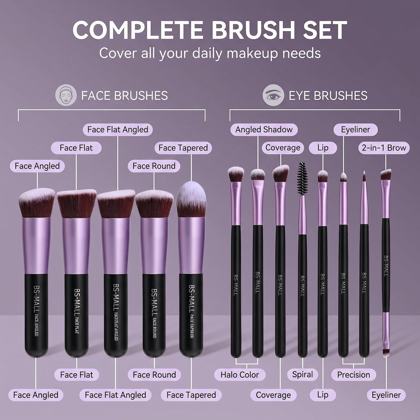 BS-MALL Makeup Brushes Premium Synthetic Foundation Powder Concealers Eye Shadows 14 Pcs Purple for