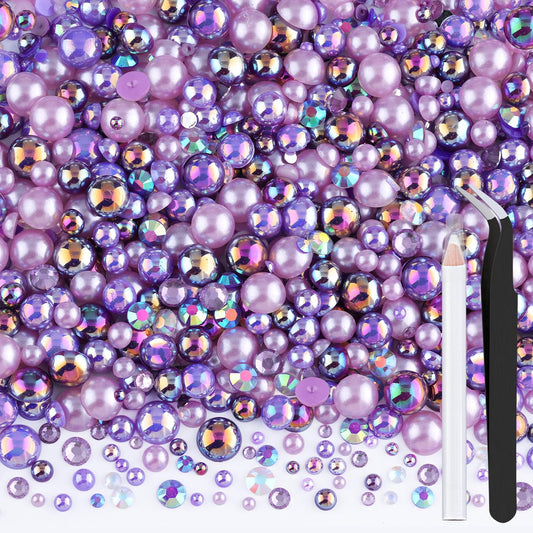 80g Flatback Pearls and Rhinestones for Crafting, Purple Mixed Size 3-10mm Resin Rhinestones and