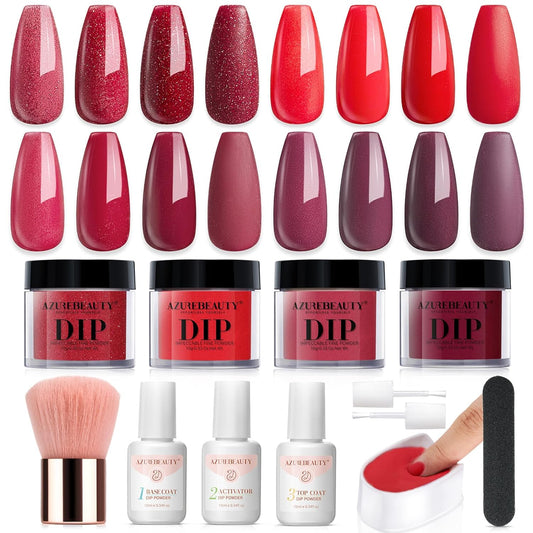 AZUREBEAUTY Dip Powder Nail Kit,4 Colors Red Burgundy Berry Dipping Powder System Liquid Set Recycling Tray with Base & Top Coat Activator for French Nail Art Manicure Salon DIY