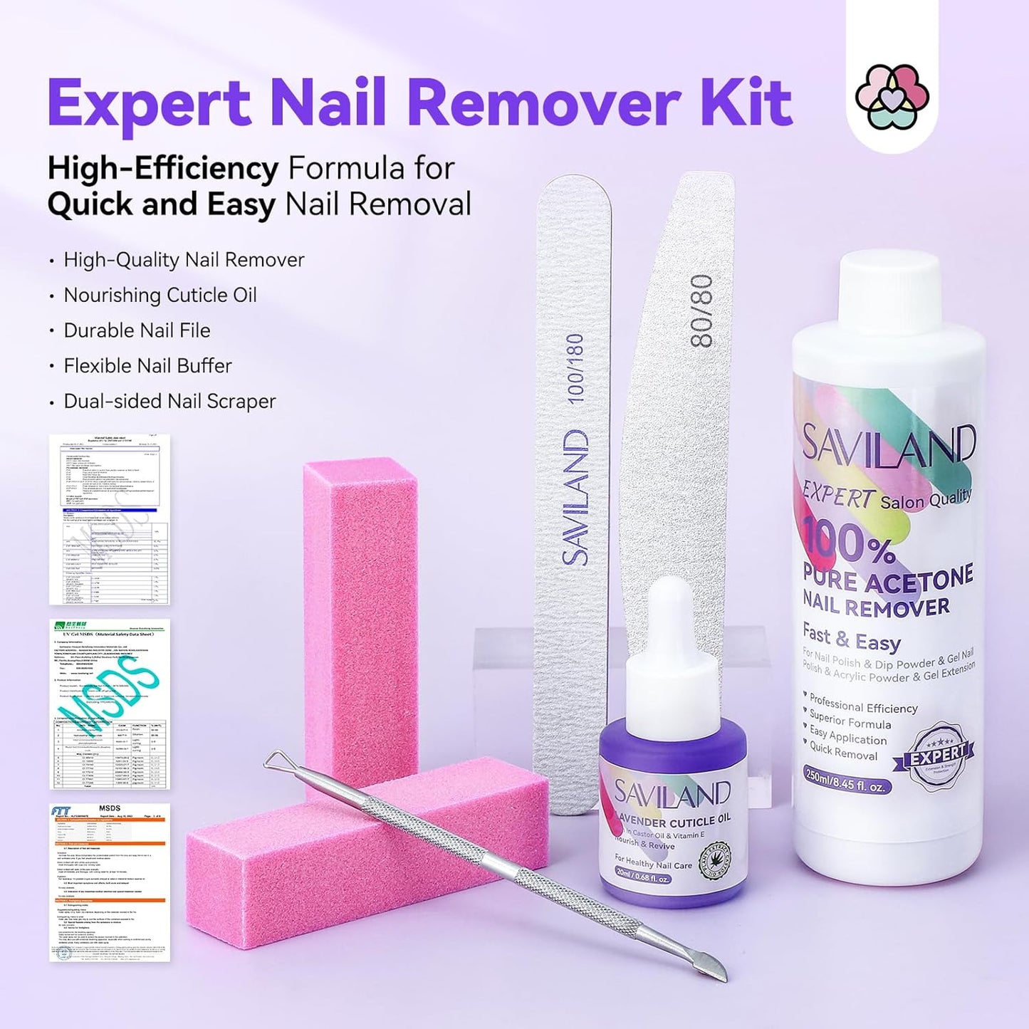 SAVILAND 100% Acetone Nail Polish Remover Kit: Ultra-Powerful Gel Remover with Cuticle Oil Rich in Castor Oil & VE for Repairing Nail, Nail File Buffer Tools for Dip Acrylic Remove Home Salon 8.45 Oz