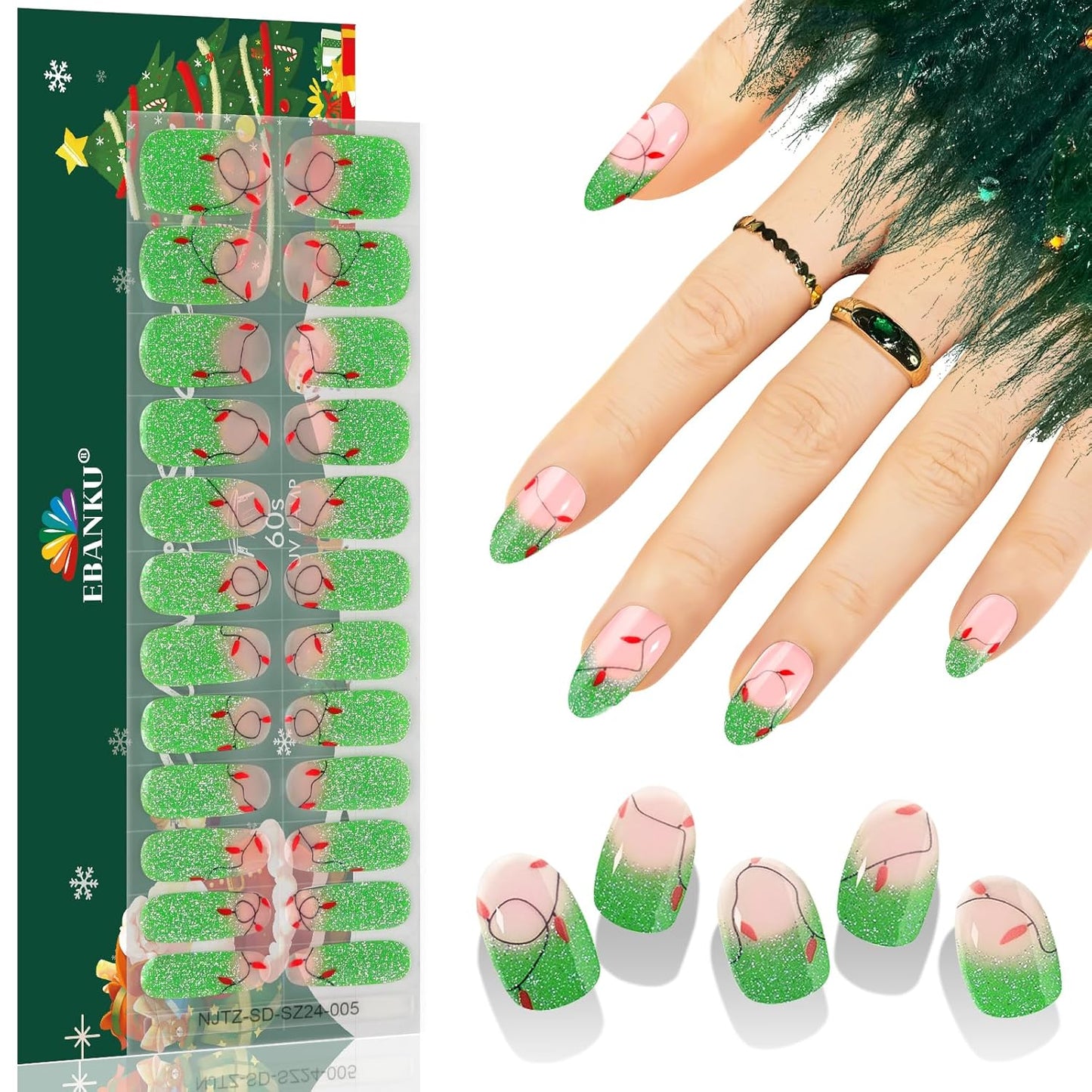 EBANKU 24pc Semi-Cured Gel Nail Strips, Waterproof Gel Nail Wrap Stickers with Christmas Lights Designs and File - UV/LED Lamp Required