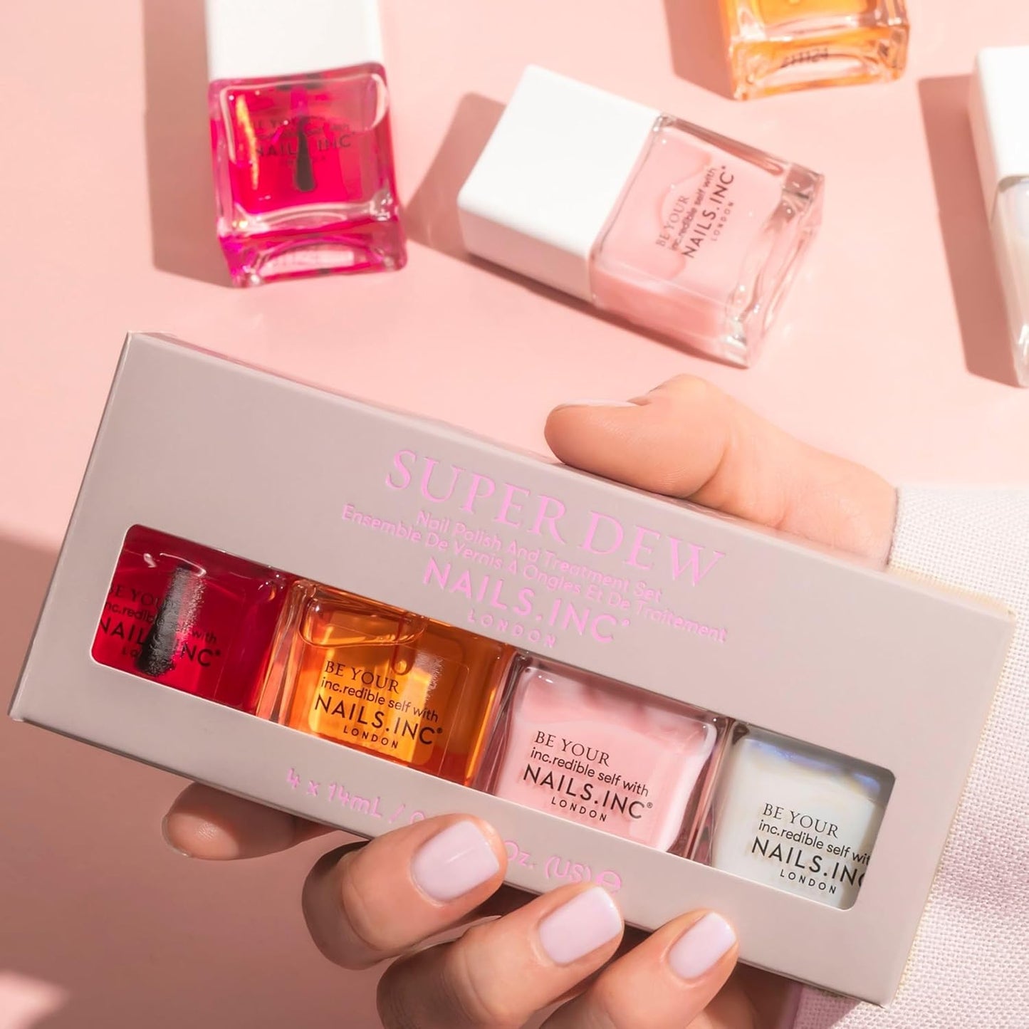 Nails Inc Super Dew Nail Polish Quad, Glow Enhancing Shades, Clean Girl Aesthetic, Fast Drying, Long Lasting, Chip Resistant, Air Dry Manicure, Vitamin C Cuticle Oil, Vegan, Cruelty Free, 4 Piece Set