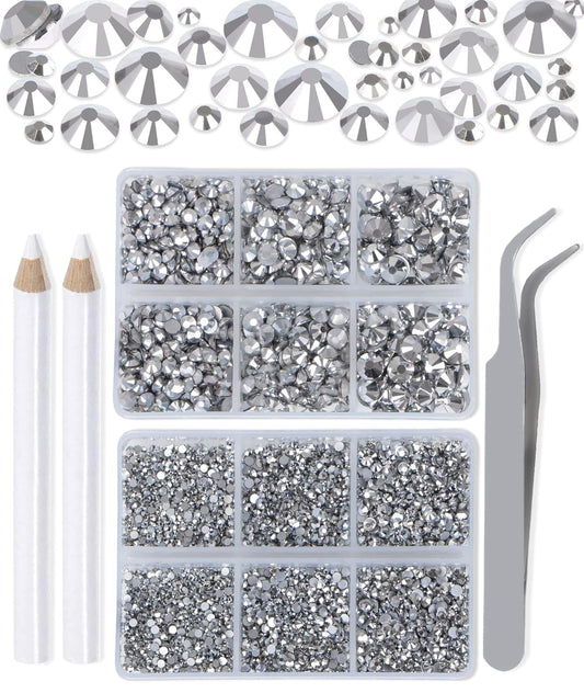 LPBeads 6000 Pieces Metallic Silver Non Hotfix Rhinestones 6 Sizes Round Crystal Glass Flat Back