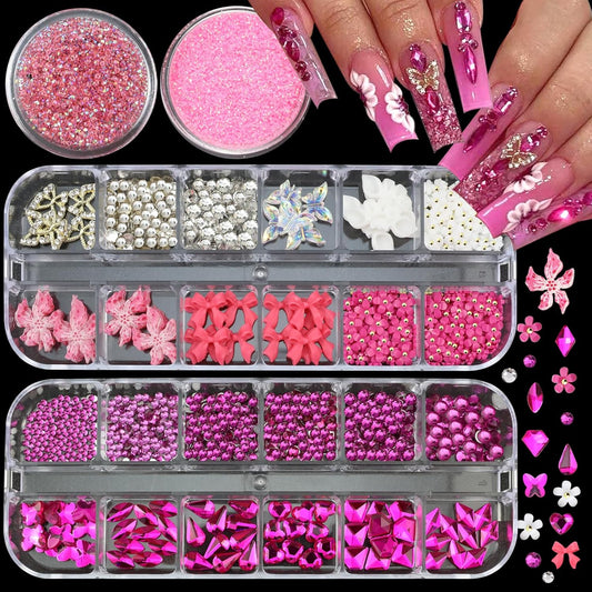4 Boxes Pink Red Nail Gems Bow Flower Nail Charms for Acrylics - Irregular Crystals, Nails