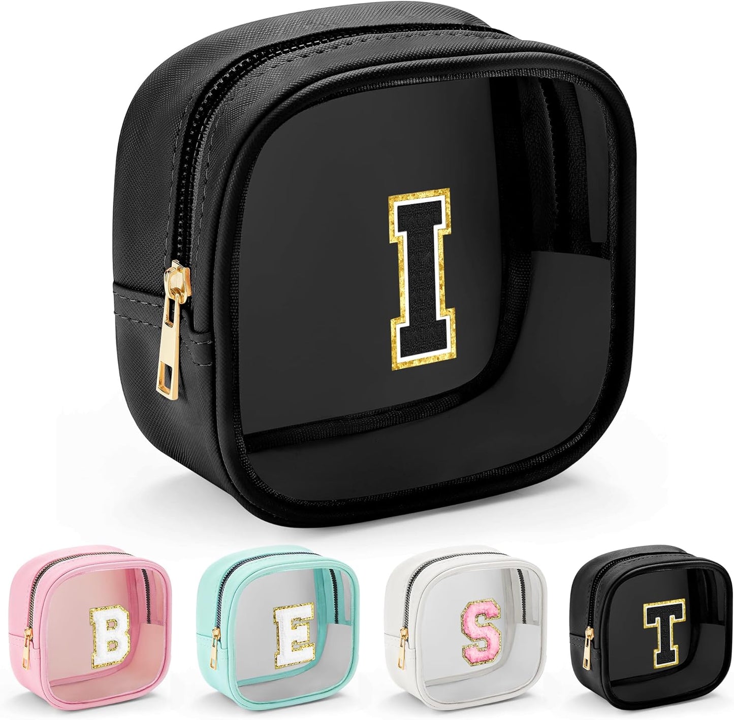 YOOLIFE Initial Makeup Bag Travel Toiletry Bag, Clear Makeup Bag Car Accessories For Women Clear Makeup Bags With Zipper Girlfriend Teacher 13 Year Old Girl Gifts Daughter Girl Gifts Mini Black I