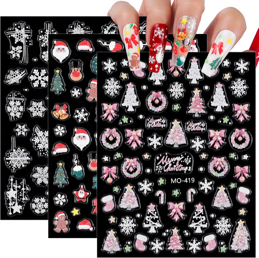 Christmas Nail Art Stickers 3 Sheets 5D Embossed Self Adhesive Nail Decals Snowflake Santa Claus