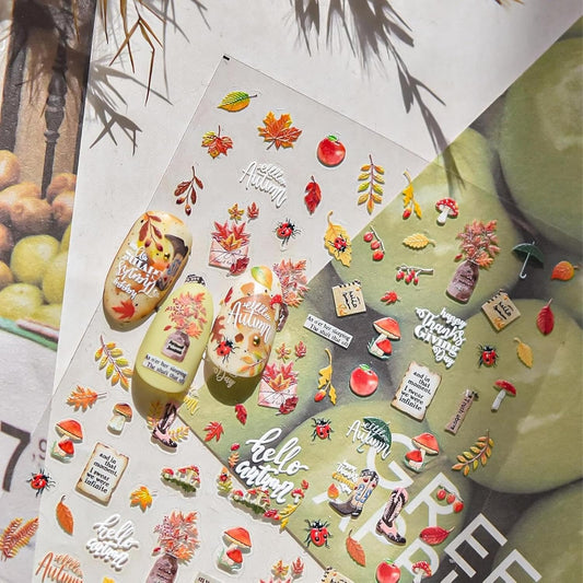 Maple Leaf Nail Stickers Mushroom Fall Nail Art Stickers 3D Self-Adhesive Boots Envelope Nail